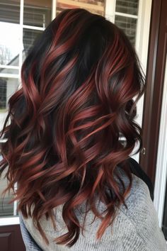 Dark Brown With Red And Caramel Highlights, Cool Tone Fall Hair, Pretty Fall Hair Color Brunettes, Fall Hair Colors Brunette With Red, Black Hair With Highlights Caramel Red, Red Hair Ombre Balayage, Medium Length Brown Hair With Red Highlights, Dark Caramel Balayage Honey, Brunette And Red Hair