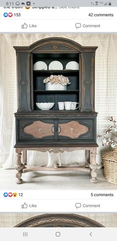 an old dresser with plates and bowls on the top is shown in three different ways