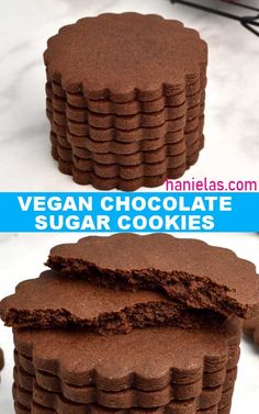 vegan chocolate sugar cookies stacked on top of each other