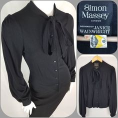 "True vintage 1970s blouse designed by Janice Wainwright for Simon Massey. Black Banlon jersey fabric with pussybow necktie and small square buttons. Excellent condition. Labels says 14, however being vintage it is more like a 12 in modern UK sizing; measurements when laid flat are, underarm  to underarm 17\", the fabric has some stretch, length from shoulder to hem 21\"" Pussybow Blouse, 1970s Blouse, London Design, Vintage 1970s, True Vintage, Necktie, Vintage 70s, Jersey Fabric, Womens Clothing Tops