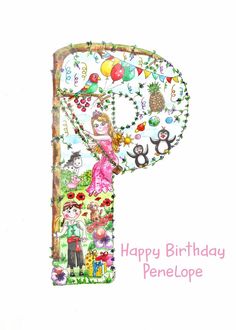 the letter p is made up of children's pictures and letters, including balloons