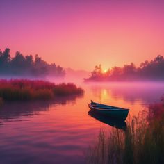 a boat floating on top of a lake at sunset