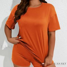 Lasaky - Plus Size Womens Two Piece Set: Elegant and Comfortable Casual Outfit with Short Sleeve Round Neck Top & Shorts, Featuring Subtle Stretch Elastic Waist Shorts Outfit, Comfortable Casual Outfits, Summer Clothes For Women, Yellow Clothes, Drop Shoulder Shirt, Drop Shoulder Tee, Shorts Outfits, Clothes Casual, Half Sleeve Tops