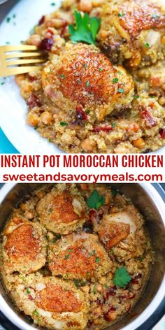 instant pot moroccan chicken with sweet and savory meats on top is shown in this collage