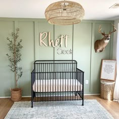 a baby's room with a crib, rug and deer head on the wall