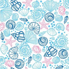 a blue and white background with sea shells