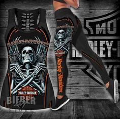 For Women Yoga Running Harley Davidson Skull Tank Top And Leggings Set Easy 30 day return policy Leggings Set Outfit, Harley Davidson Outfits, Legging Set Outfit, Leggings And Tank Top, Harley Davidson Skull, Reduce Hips, Skull Tank, Biker Chic, Custom Leggings