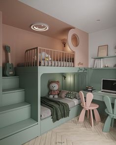 a child's bedroom with bunk beds, desk and chair in pastel colors