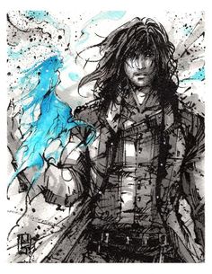 a black and white drawing of a man with dreadlocks holding a blue bird