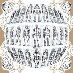 an image of different types of mannequins in various positions and sizes, all drawn