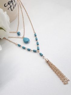 Beautiful gold plated three layer necklace features, howlite turquoise beads and tassel is sure to gain many compliments. Pocahontas Necklace, Three Layer Necklace, I Necklace, Disney Princess Pocahontas, Princess Pocahontas, Layer Necklace, Gold Alloys, Turquoise Howlite, Gold Necklace Layered