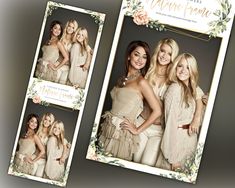 three beautiful women posing for the camera in front of a floral frame with greenery