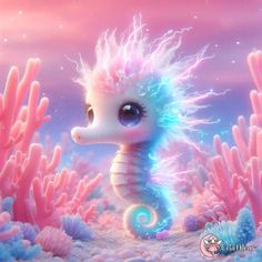 a little seahorse is standing in the sand with pink and blue corals around it