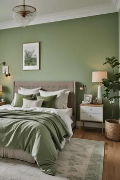 a bedroom with green walls and white furniture