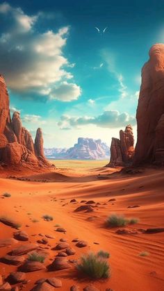 a desert scene with rocks and sand in the foreground