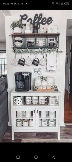 the coffee bar is decorated with mugs and baskets