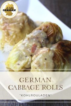 german cabbage rolls on a white plate with text overlay