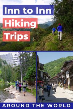 the collage shows people walking and hiking around the world, including mountains, rivers, and lakes