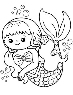 the little mermaid is swimming in the ocean with her fish friend coloring pages for kids