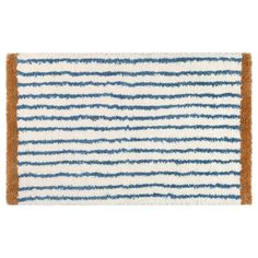 a blue and white striped rug with brown trim on the bottom, in front of a white background