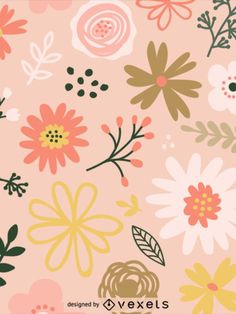 a pink background with flowers and leaves on the bottom right corner is an orange, green, yellow, red, white, and black flower pattern