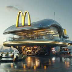 a mcdonald's restaurant on the edge of a body of water at night time