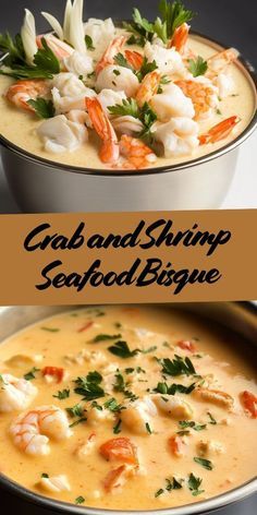 crab and shrimp seafood biscuit soup in a bowl