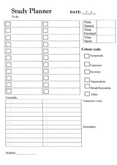 a printable study planner for students to do their homework and learn how to use it