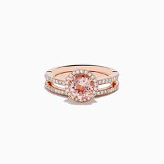 Effy Blush 14K Rose Gold Morganite and Diamond Two Ring Set Luxury Rose Gold Morganite Rings, Timeless Morganite Rose Gold Jewelry, Timeless Rose Gold Morganite Jewelry, Rose Gold Gemstone Halo Ring In Fine Jewelry Style, Rose Gold Gemstone Halo Ring Fine Jewelry, Rose Gold Morganite Ring With Halo Design, Rose Gold Round Cut Gemstone Halo Ring, Rose Gold Gemstone Halo Ring, Rose Gold Halo Ring With Gemstone