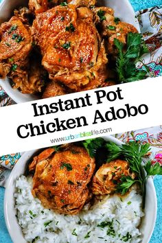 instant pot chicken adobo in a bowl with rice and parsley on the side