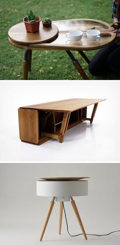 three different views of a coffee table with two cups on top and one in the middle