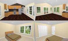 three different views of a bedroom and kitchen