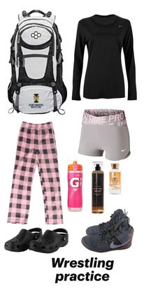 a woman's outfit and backpack with the words wrestling practice