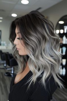 Dark Hair With Ash Blonde Balayage, Dark Roots Ash Brown Hair Balayage, Dark Root With Blonde Balayage, Fall Hair Ideas 2024, Bayalage Brunette To Cover Grey, Dark Hair Cool Highlights, Dark To Grey Hair Transition, Blonde In Dark Hair, Dark Roots Ash Blonde Hair