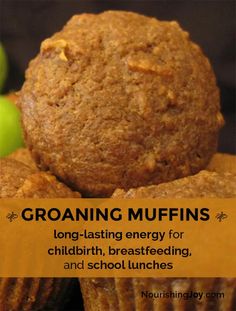 some muffins are stacked on top of each other with the words, growing muffins long - lasting energy for children, breastfeeding and school lunches