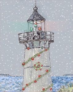 a drawing of a light house in the snow with christmas decorations on it's side