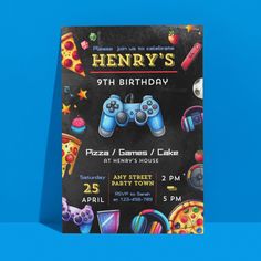 a birthday party flyer with pizza, video game controllers and other items on the front