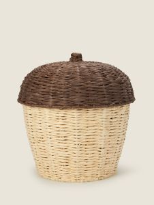 a brown and white basket with lid