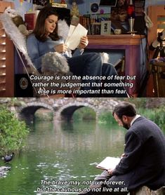 a man and woman sitting next to each other in front of a river