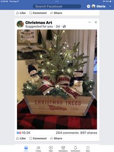 a christmas tree in a wooden crate with lights