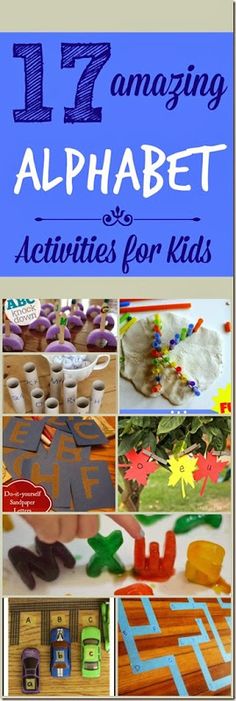 the book cover for 17 amazing alphabet activities for kids with pictures of letters and numbers