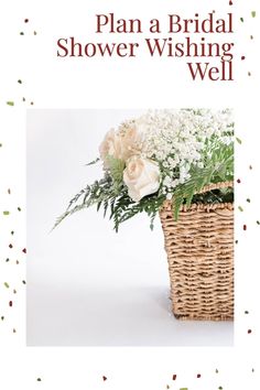 Basket filled with white roses and baby's breath. Gift Card Wedding Shower Ideas, Bridal Shower Wishing Well Ideas, Bridal Shower Wishing Well, Wishing Well Bridal Shower, Wedding Reception Food Buffet, Diy Wishing Wells, Housewarming Wishes, Bridal Shower Wishes, Wedding Shower Brunch