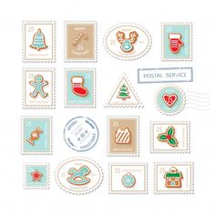 postage stamps with christmas symbols on them and the words postal service written in different languages