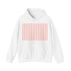 This Coral Pink Stripes Hoodie offers a classic and chic look with its pink and white vertical stripes. The soft colors and cute design make it perfect for any girly outfit. Stay pretty and stylish with this cozy hooded sweatshirt. Stay comfy and cozy with this unisex heavy blend hooded sweatshirt. Made with a thick blend of cotton and polyester, it feels plush, soft and warm, a perfect choice for any cold day. In the front, the spacious kangaroo pocket adds daily practicality while the hood's d Spring Striped Sweatshirt With Contrast Stripes, Striped Cotton Hooded Sweatshirt, White Cotton Sweatshirt With Contrast Stripes, Striped Sporty Hoodie With Drawstring, Striped Cotton Sweatshirt With Drawstring Hood, Spring Cotton Sweatshirt With Contrast Stripes, Sporty Striped Hoodie With Drawstring, White Spring Sweatshirt With Contrast Stripes, White Contrast Stripes Sweatshirt For Spring