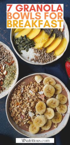 three bowls filled with granola and bananas