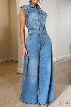 Lasaky - Chic Sleeveless Denim Jumpsuit with Patchwork Pockets, Buckled Turndown Collar, and High Waist Design Preppy Mode, Romper Long Pants, Moda Denim, Jumpsuit Fitted, Sleeveless Suit, Vintage Preppy, Estilo Preppy, Denim Romper, Turndown Collar