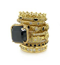 18K Yellow Gold Black Sapphire Eternity Stack Band Ring. Dimensions:Band Width: 0.09" (2.33mm) Diamond Crown Ring, Half Crown, Marquise Diamond Ring, Statement Rings Diamond, Diamond Stacks, Lace Ring, Diamond Crown, Austria Travel, Gold Rings Fashion