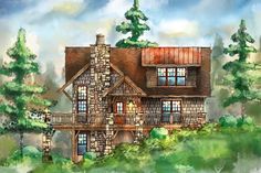 a painting of a house in the woods