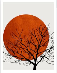 a tree with no leaves in front of an orange moon on a white background,