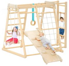 two children playing on a wooden swing set